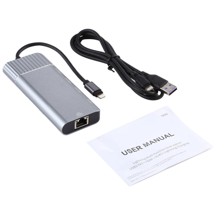 6 in 1 USB 2.0 x 3 + HDMI + RJ45 + 8 Pin Female Charging Port to 8 Pin Male Multi-function Dock Station Adapter, 79591