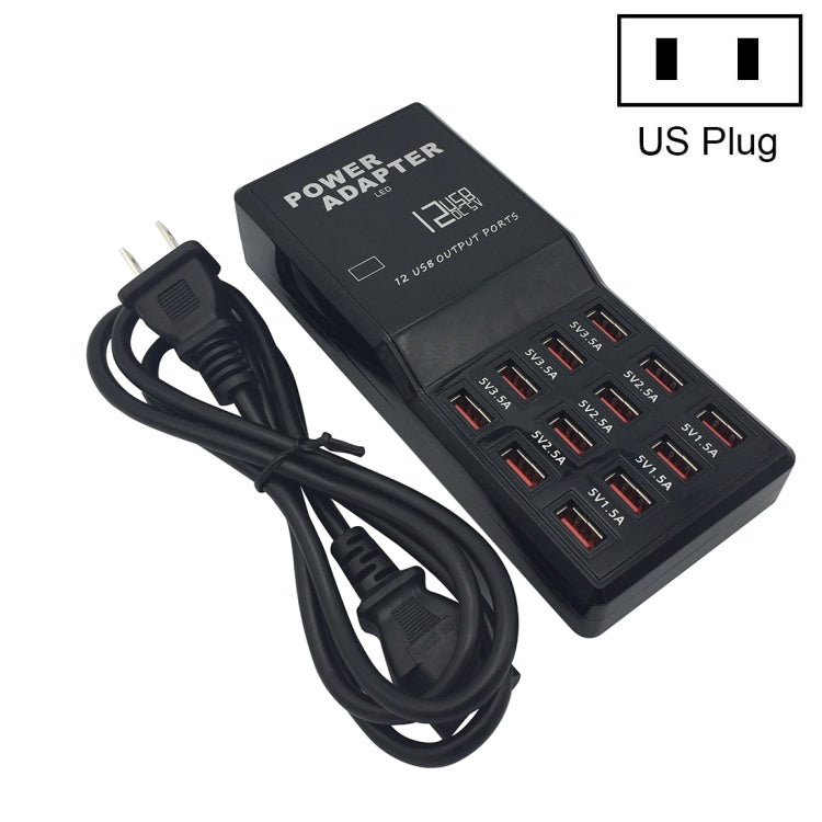 W-858 12A 12 Ports USB Fast Charging Dock Desktop Smart Charger AC100-240V, US Plug, US Plug