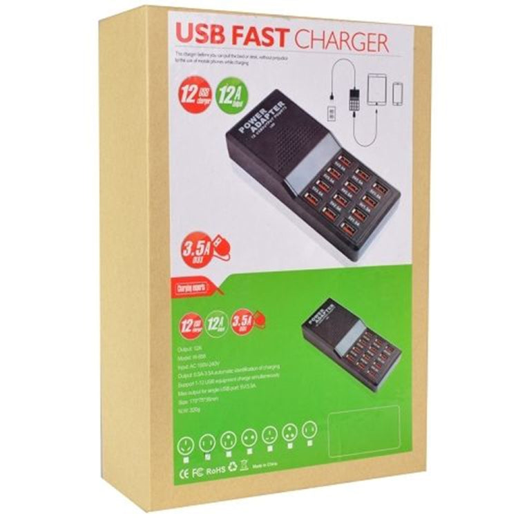 W-858 12A 12 Ports USB Fast Charging Dock Desktop Smart Charger AC100-240V, US Plug, US Plug