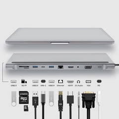 11 in 1 RJ45 + 87W PD + SD/TF + USBx3+ HDMI + VGA + 3.5mm AUX to Type-C HUB Adapter, 11 in 1