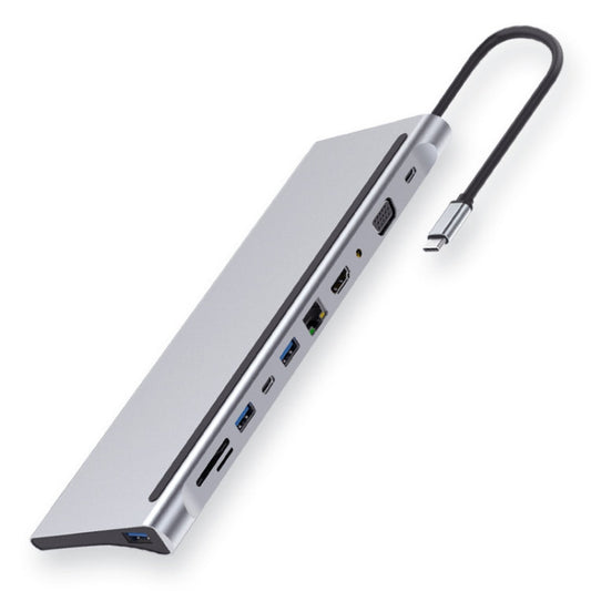 11 in 1 RJ45 + 87W PD + SD/TF + USBx3+ HDMI + VGA + 3.5mm AUX to Type-C HUB Adapter, 11 in 1