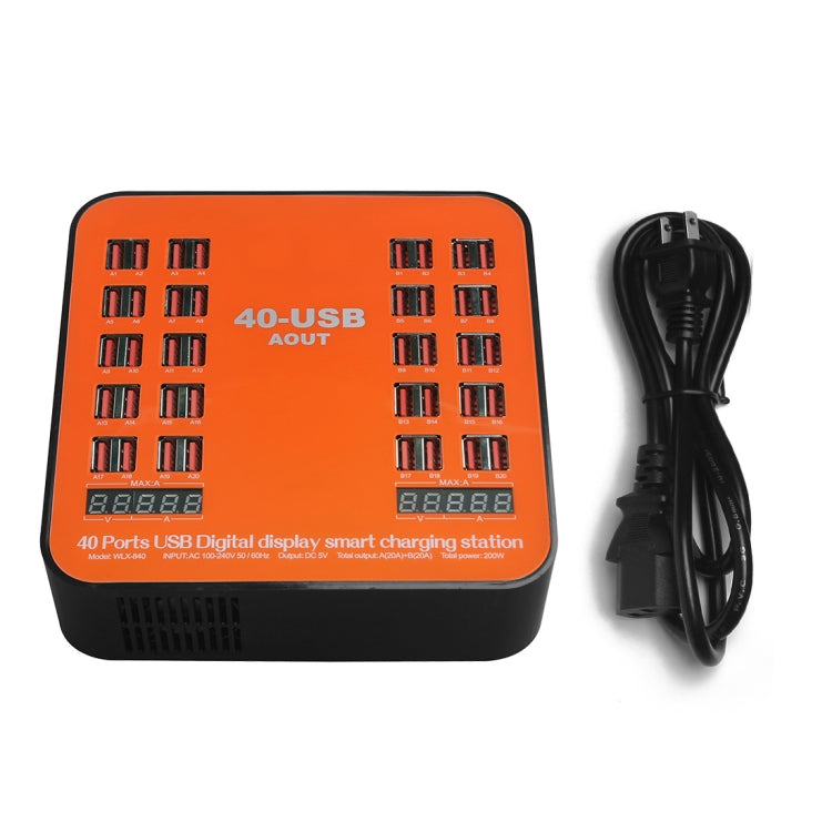 WLX-840 200W 40 Ports USB Digital Display Smart Charging Station AC100-240V, US Plug (Black+Orange), US Plug