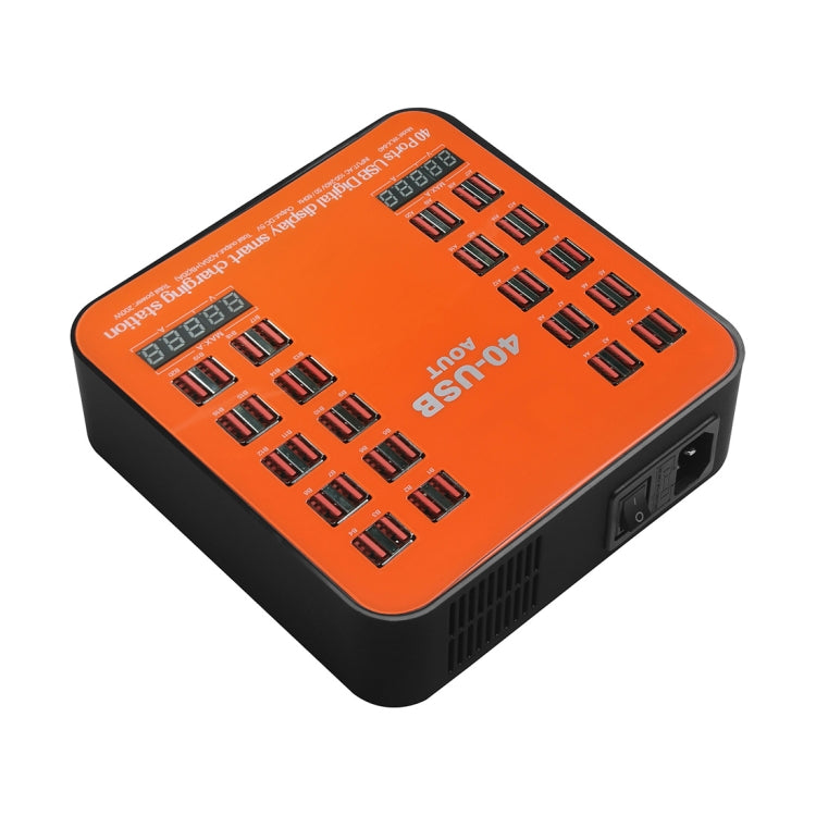 WLX-840 200W 40 Ports USB Digital Display Smart Charging Station AC100-240V, EU Plug (Black+Orange), EU Plug