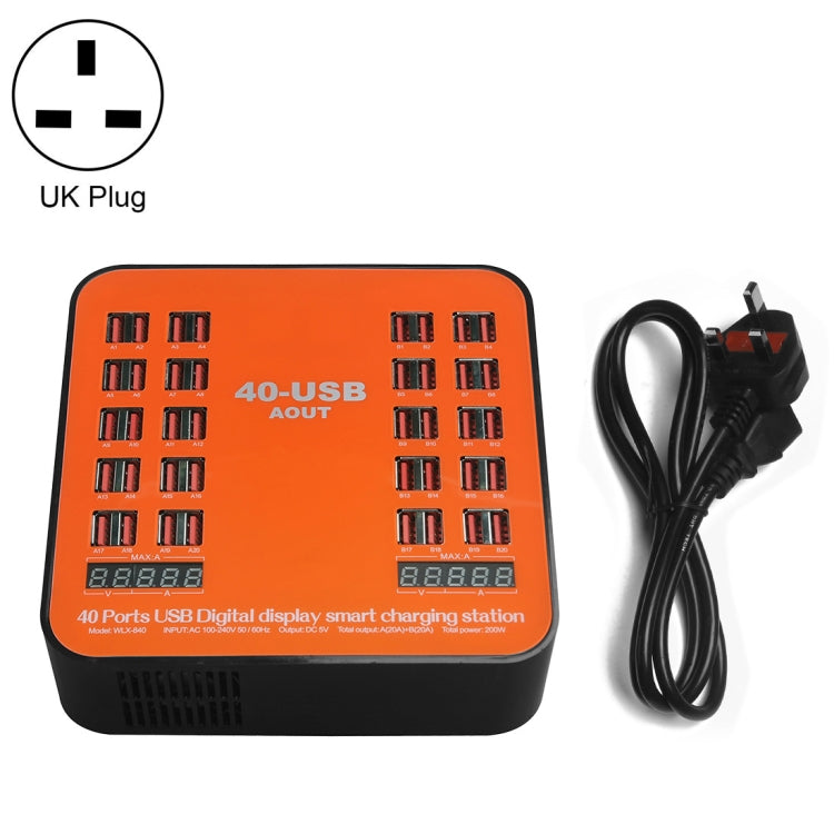 WLX-840 200W 40 Ports USB Digital Display Smart Charging Station AC100-240V, UK Plug (Black+Orange), UK Plug