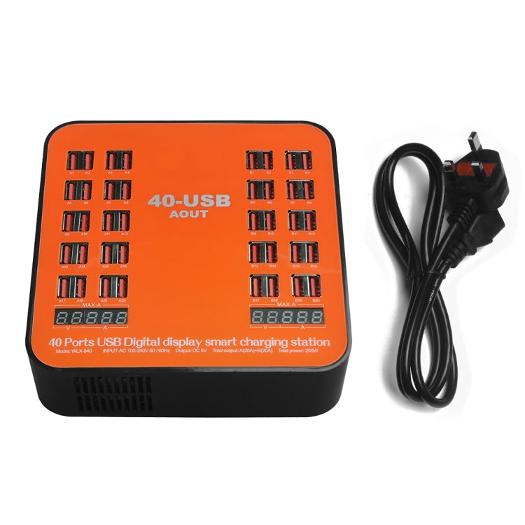 WLX-840 200W 40 Ports USB Digital Display Smart Charging Station AC100-240V, UK Plug (Black+Orange), UK Plug