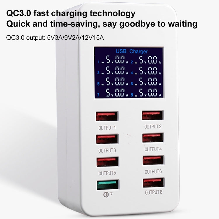 A8 50W 8 Ports USB + QC3.0 Smart Charging Station with Digital Display AC100-240V, EU Plug, A8 EU Plug