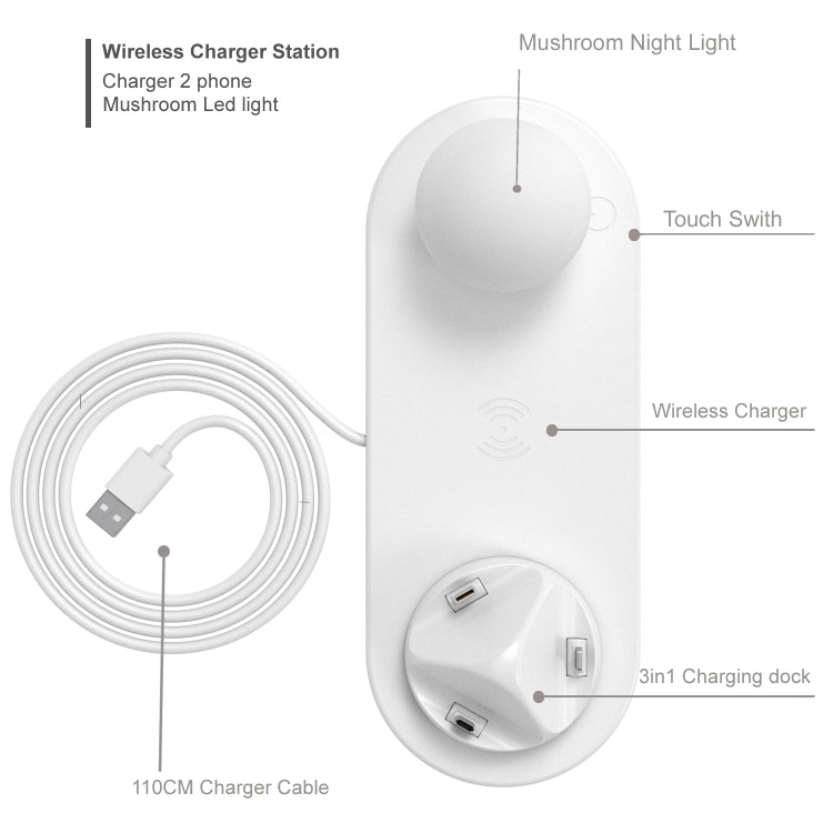 HQ-UD11 10W 4 in 1 Mobile Phone Fast Wireless Charger with Mushroom LED Light & Phone Holder, Length: 1.2m