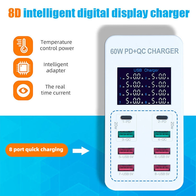 A8T 60W 8 Ports USB + QC3.0 + PD Type-C Smart Charging Station with Digital Display AC100-240V, AU Plug, A8T AU Plug