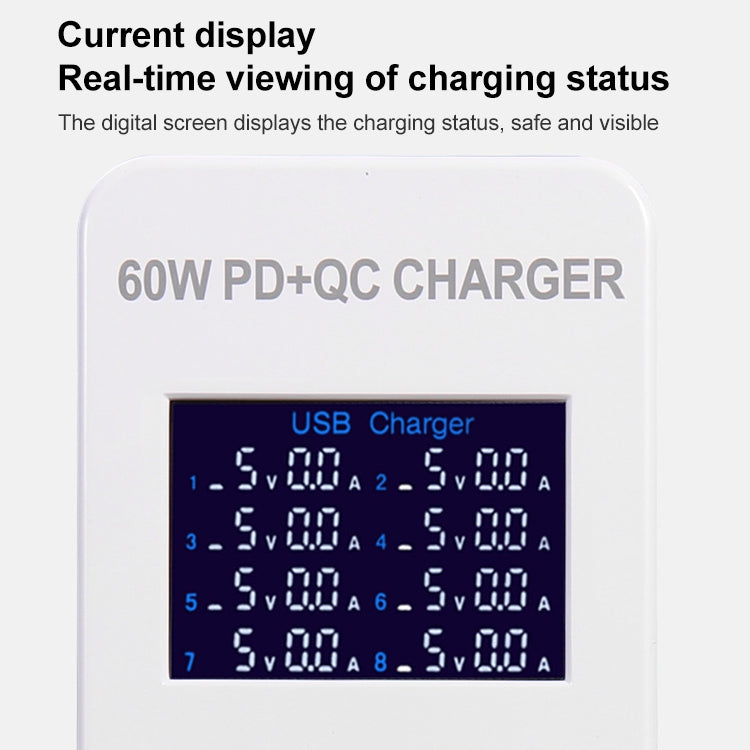 A8T 60W 8 Ports USB + QC3.0 + PD Type-C Smart Charging Station with Digital Display AC100-240V, AU Plug, A8T AU Plug