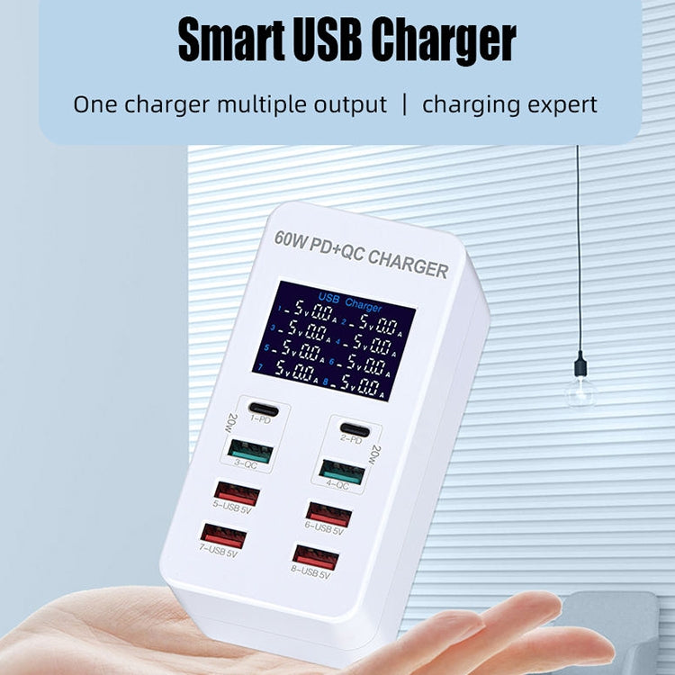 A8T 60W 8 Ports USB + QC3.0 + PD Type-C Smart Charging Station with Digital Display AC100-240V, AU Plug, A8T AU Plug