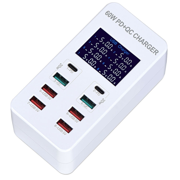 A8T 60W 8 Ports USB + QC3.0 + PD Type-C Smart Charging Station with Digital Display AC100-240V, EU Plug, A8T EU Plug