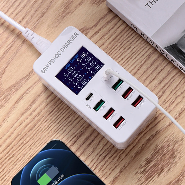 A8T 60W 8 Ports USB + QC3.0 + PD Type-C Smart Charging Station with Digital Display AC100-240V, UK Plug, A8T UK Plug