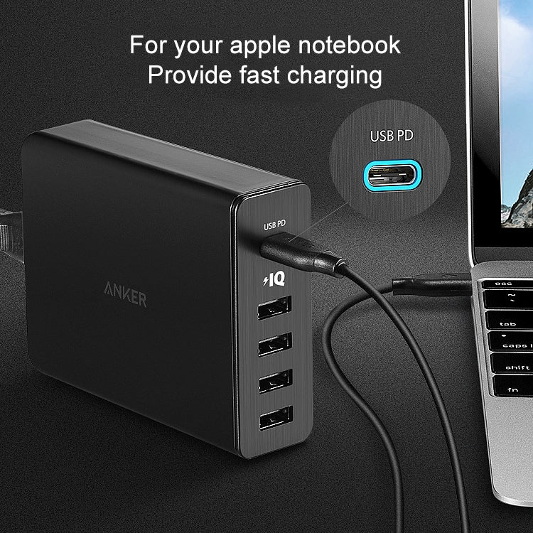 ANKER 2.4A USB-C / Type-C Power Delivery PD + 4 Ports Wall Changer for Mobile Phones / Tables / Macbooks, US Plug, 5 Ports