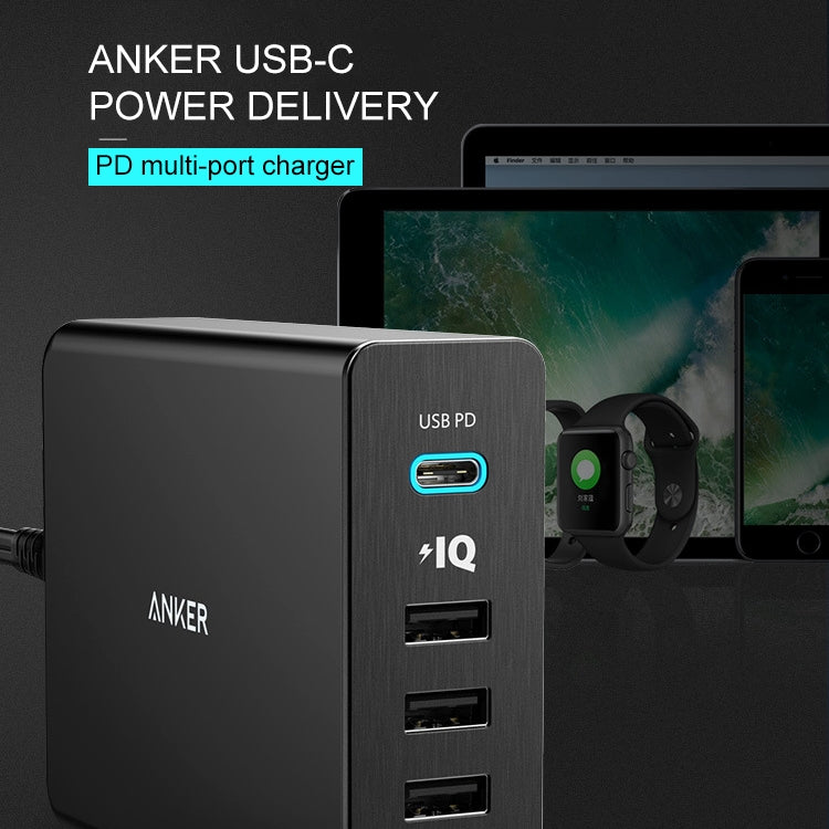 ANKER 2.4A USB-C / Type-C Power Delivery PD + 4 Ports Wall Changer for Mobile Phones / Tables / Macbooks, US Plug, 5 Ports