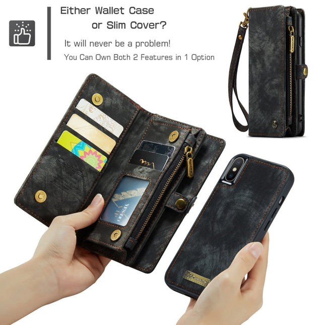For iPhone X / XS CaseMe-008 TPU + PC Magnetic Absorption Detachable Back Cover Horizontal Flip Leather Case with Holder & Card Slots & Zipper Wallet & Photo Frame