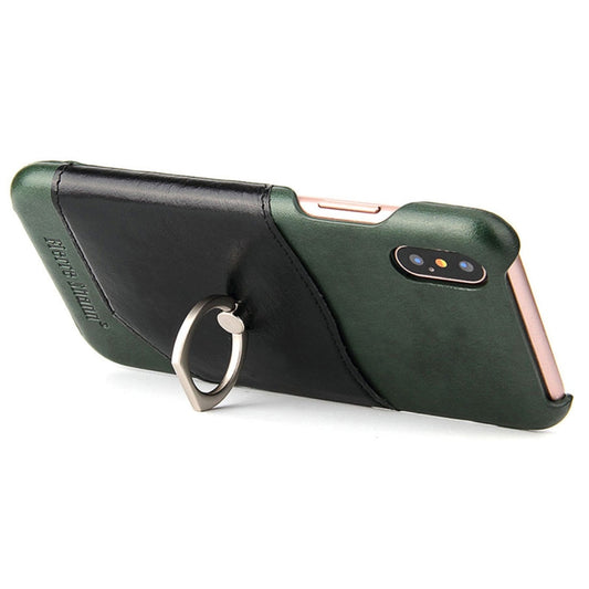 For iPhone X / XS Fierre Shann Color Matching Genuine Leather Back Cover Case With 360 Degree Rotation Holder & Card Slot