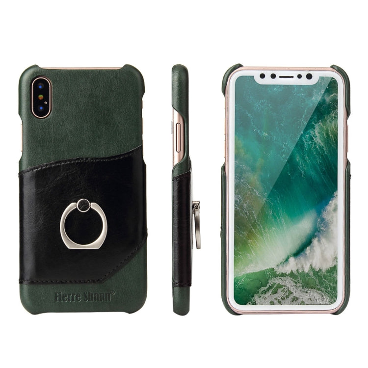 For iPhone X / XS Fierre Shann Color Matching Genuine Leather Back Cover Case With 360 Degree Rotation Holder & Card Slot