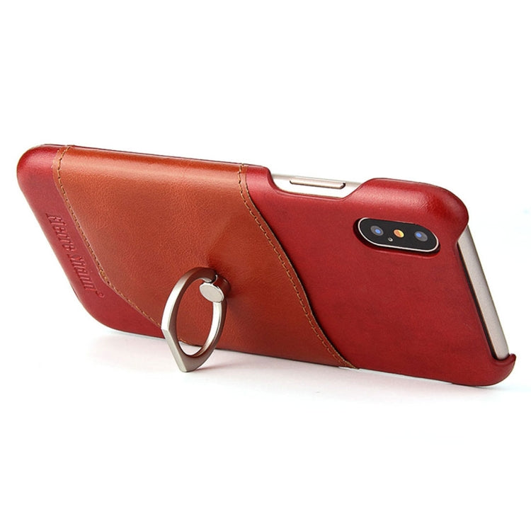 For iPhone X / XS Fierre Shann Color Matching Genuine Leather Back Cover Case With 360 Degree Rotation Holder & Card Slot