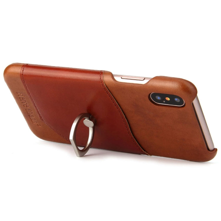 For iPhone X / XS Fierre Shann Color Matching Genuine Leather Back Cover Case With 360 Degree Rotation Holder & Card Slot