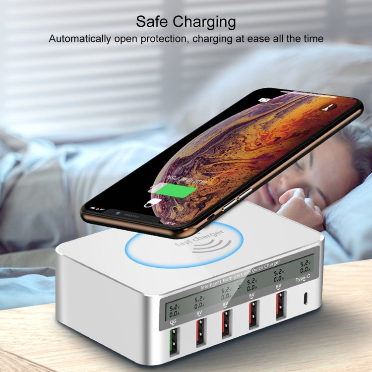 WLX-818F 6 in 1 10W QC3.0 Wireless Charging + USB-C / Type-C + 4 USB Ports Charger with Smart LCD Display Screen, EU / AU Plug, EU / AU Plug (White)