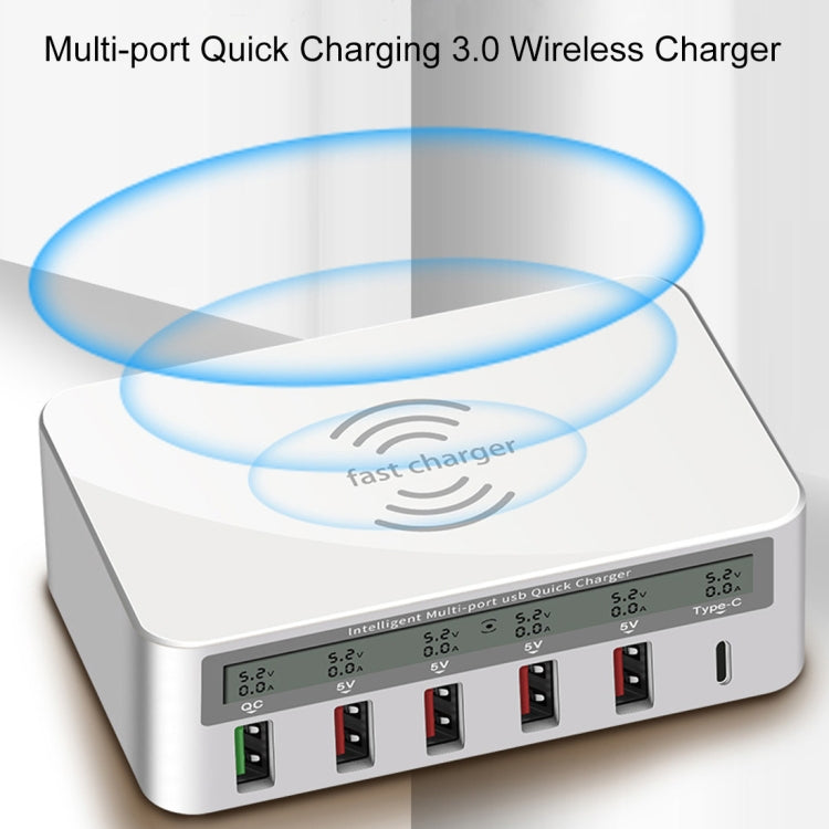 WLX-818F 6 in 1 10W QC3.0 Wireless Charging + USB-C / Type-C + 4 USB Ports Charger with Smart LCD Display Screen, EU / AU Plug, EU / AU Plug (White)