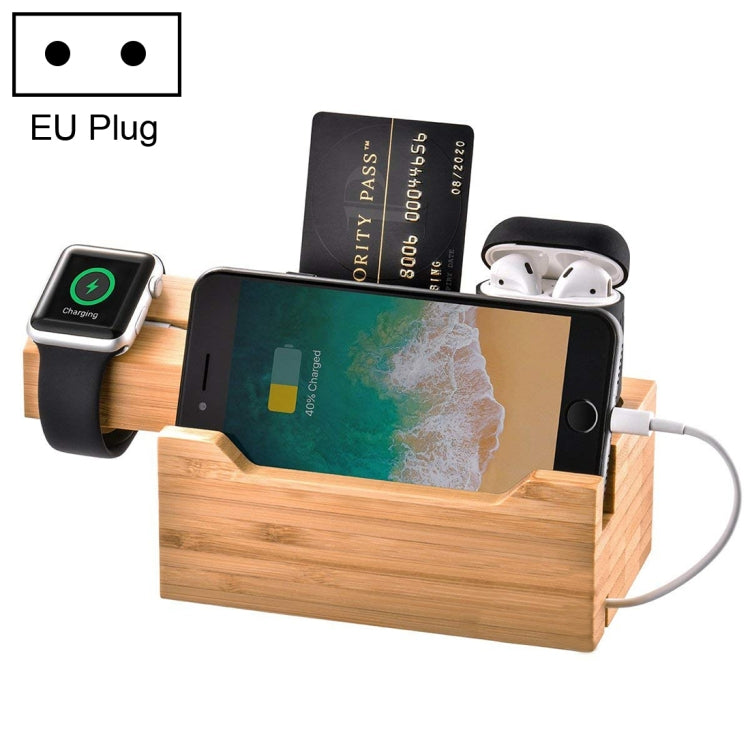 Multi-function Bamboo Charging Station Charger Stand Management Base with 3 USB Ports, EU Plug, HQ-CS3U3A EU Plug