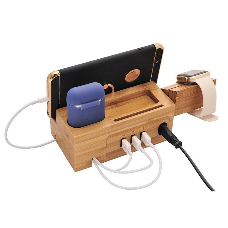 Multi-function Bamboo Charging Station Charger Stand Management Base with 3 USB Ports, EU Plug, HQ-CS3U3A EU Plug