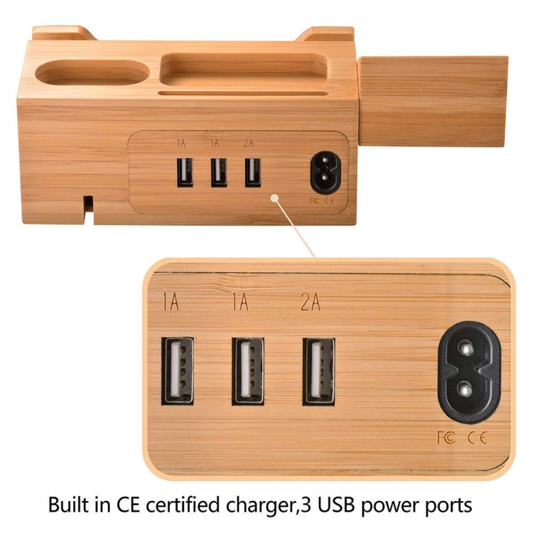 Multi-function Bamboo Charging Station Charger Stand Management Base with 3 USB Ports, EU Plug, HQ-CS3U3A EU Plug