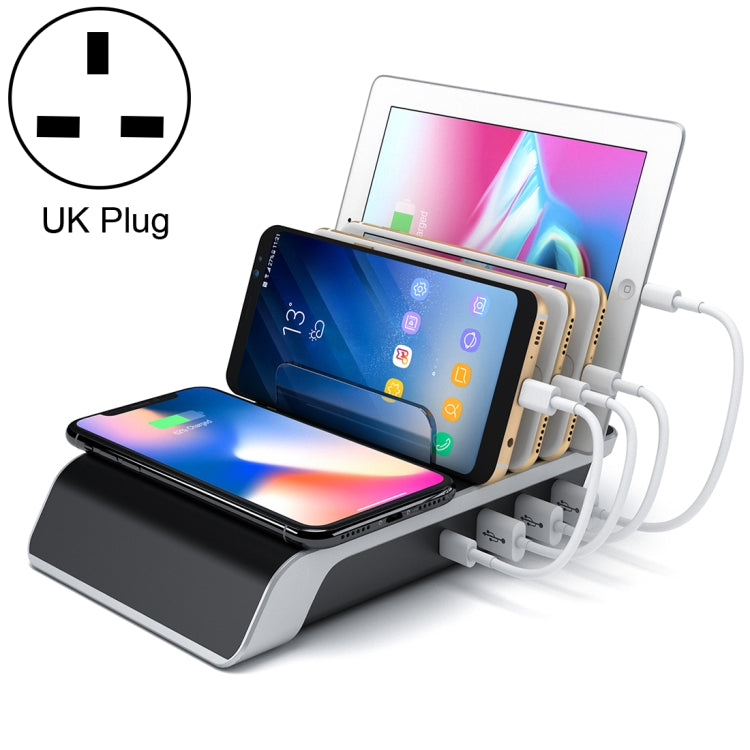 UD09 4 USB Ports Qi Standard Wireless Charger Phone Desktop Stand Holder, UK Plug, UK Plug