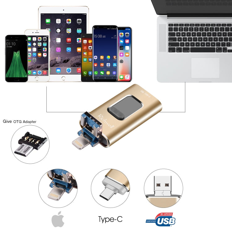 Richwell 3 in 1 16G Type-C + 8 Pin + USB 3.0 Metal Push-pull Flash Disk with OTG Function