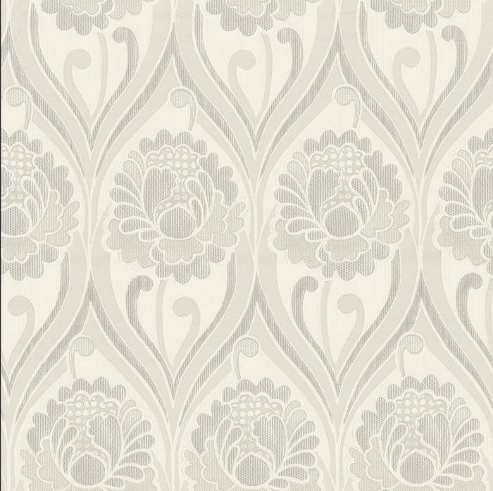 Vintage floral damask Wallpaper -  Pearl White