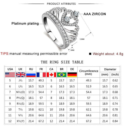 Princess Queen Crown-shaped Platinum Plated Zircon Ring, US Size: 6, Diameter: 16.5mm, Perimeter: 51.9mm, 6