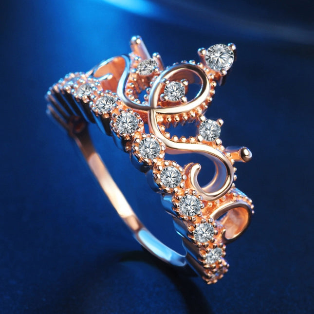 Princess Queen Crown-shaped Rose Gold Plated Zircon Ring, US Size: 8, Diameter: 18.1mm, Perimeter: 57mm, 8