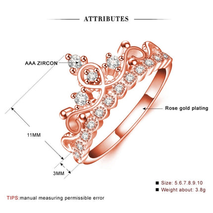 Princess Queen Crown-shaped Rose Gold Plated Zircon Ring, US Size: 8, Diameter: 18.1mm, Perimeter: 57mm, 8