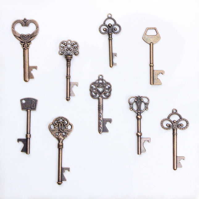 Mixed Set Of Vintage Skeleton Keys In Antique Bronze Of Different Size As Ornamental Decorations For Party Favors, Necklaces, Arts And Crafts(Bronze Set of 9 PCS), Set of 9 PCS