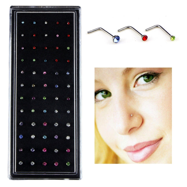 60 PCS Color Mixed Diamond Shape Stainless Steel Nose Stud Rings L Shaped Piercing Jewelry,Pin Length: 7mm, pin diameter: 0.6mm (Color), Colour (60 PCS), White (60 PCS)
