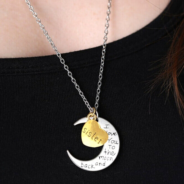 Half-Moon-Shaped Alloy Plated Pendant Necklace With Greetings Engraved At The Backside For Family, Diameter 3cm, Perimeter 9.4cm(Silver+Gold For sister), For sister