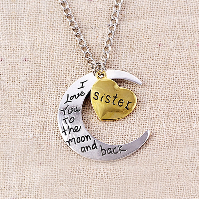 Half-Moon-Shaped Alloy Plated Pendant Necklace With Greetings Engraved At The Backside For Family, Diameter 3cm, Perimeter 9.4cm(Silver+Gold For sister), For sister