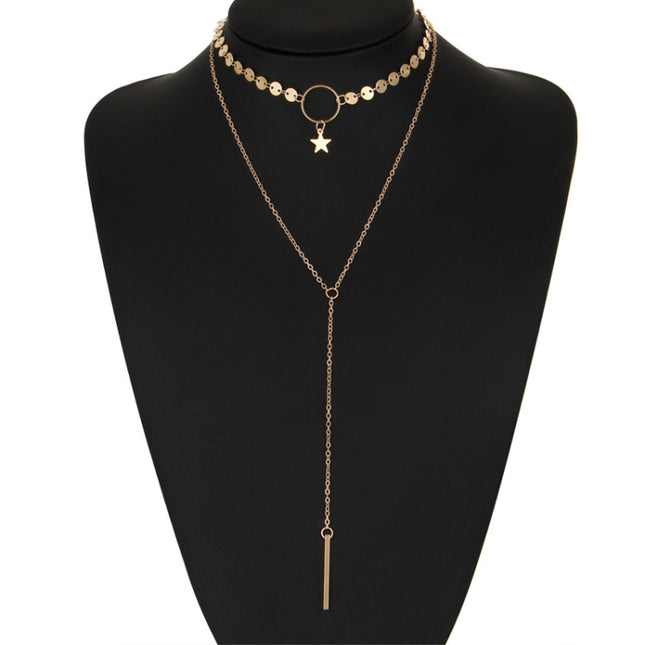 Simple Sexy Handmade Sequins Star Tassels Circle Clavicle Chain Long Pendant Double-layer Chain, Double-layer Chain