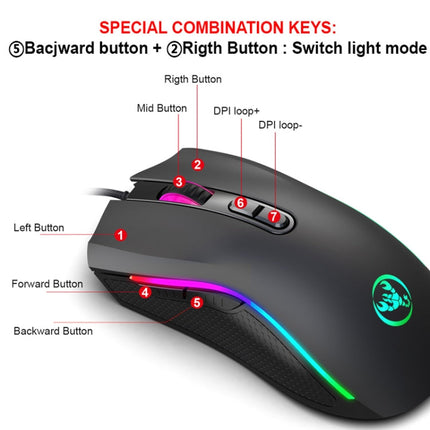HXSJ A869 Type-C 7200dpi 6-modes Adjustable 7-keys RGB Light Wired Game Mouse, A869RGB-TYPE-C