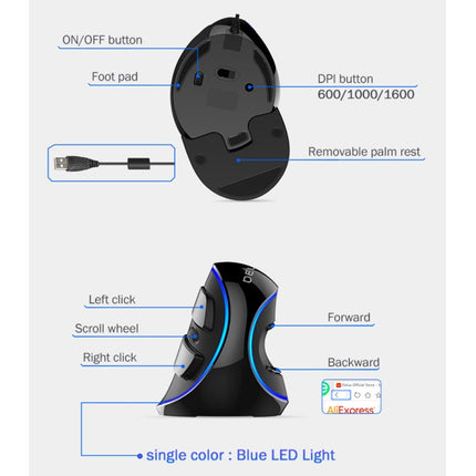 DELUX M618 Plus Wired Blue Version Optical Mouse Ergonomic Vertical Mouse 1600DPI, 1600DPI Wired