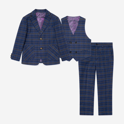 SUITLAB London Boys Checked 3 Piece Suit Set in Navy