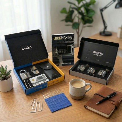 Beginners Lock Pick Set in a box: Complete Lock Pick Kit, Spy Card Kit + Practice Locks and Dummies guide by Lokko