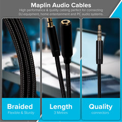 Maplin 3.5mm Aux Stereo 4-Pole Jack Plug to 3.5mm Female Jack Extension Cable - Black, 3m