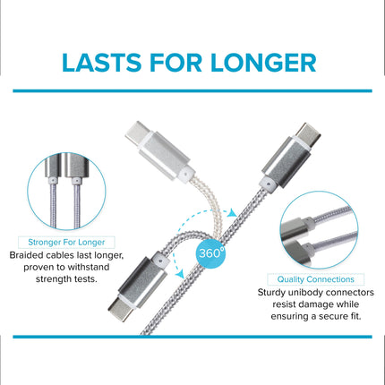 Maplin USB-C to USB-A Braided Cable - Silver, 3m