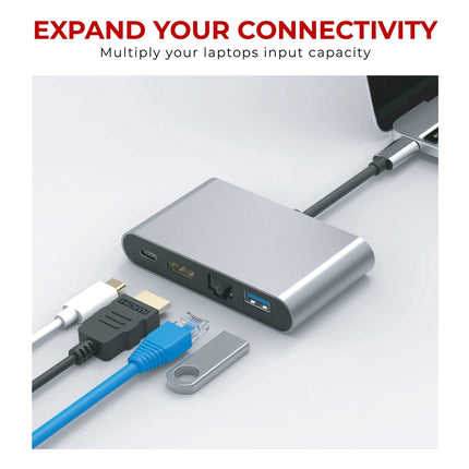 Nikkai USB-C Multiport Hub to USB-A 3.0 / HDMI 4K / Gigabit RJ45 / USB-C PD - Silver