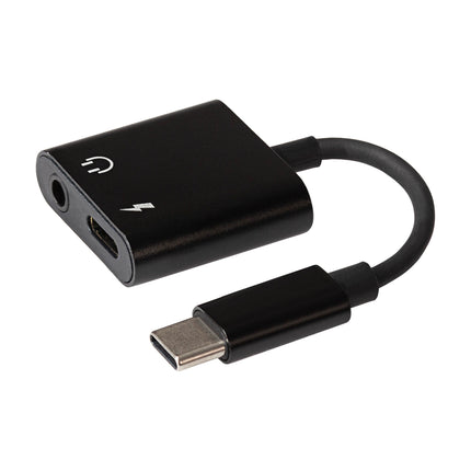 Nikkai USB-C to 3.5mm Headphone Jack / USB-C PD Charging Port Adapter - Black, 10cm