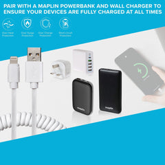 Maplin Premium Apple MFI Certified Lightning to USB-A 2.0 Coiled Cable - White, 0.5m