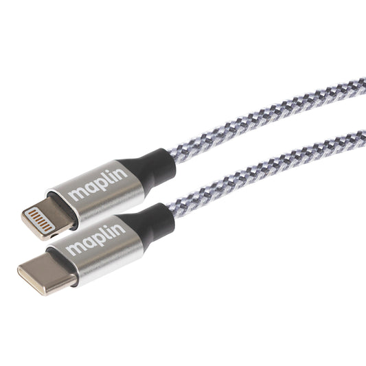 Maplin Lightning to USB-C 20W High Speed Braided Cable - Silver, 3m