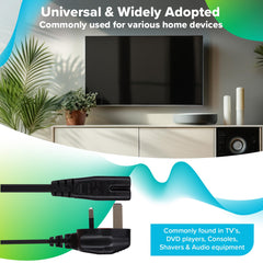 Maplin Power Lead IEC C7 Fig 8 2 Pin Plug to UK 3 Pin Mains Plug - 1.5m, 3 Amp Fuse